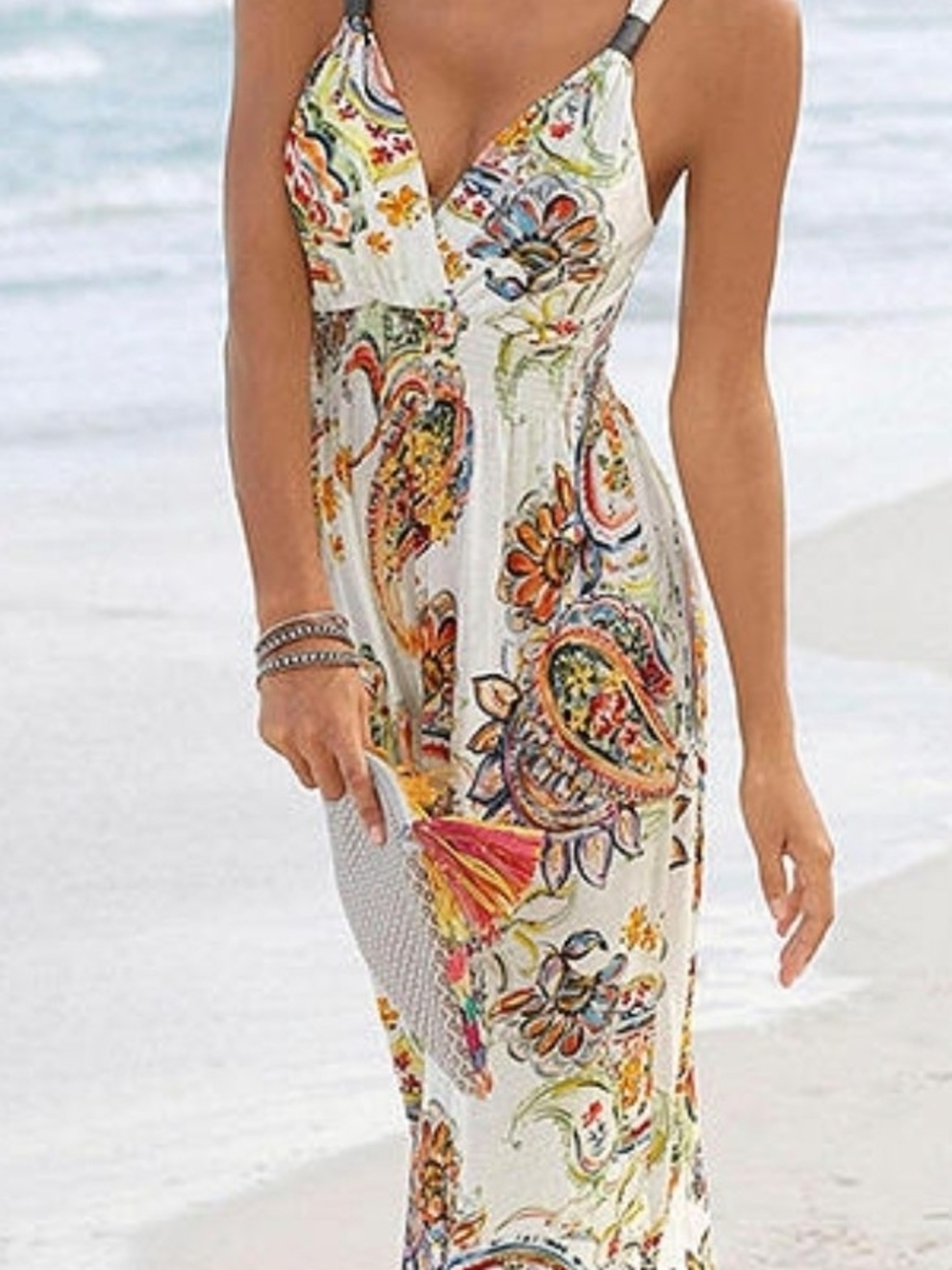 VENUS White Paisley Maxi Dress with Multicolor Print